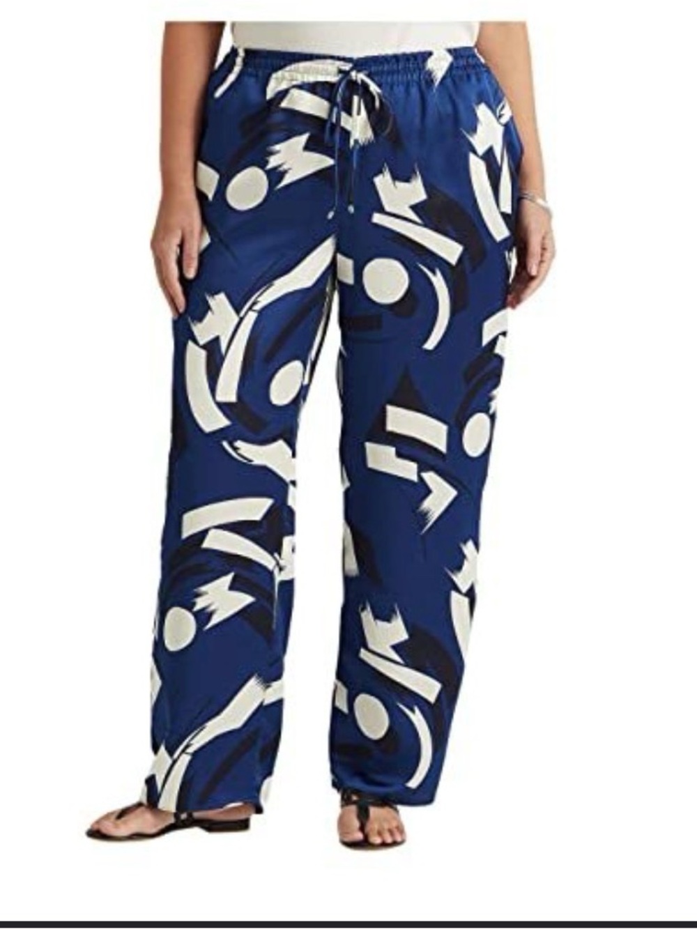 Ralph Lauren Navy Blue & White Abstract Wide-Leg Pants